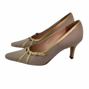 Amalfi by Rangoni Firenze Taupe & Gold Pointed Toe Kitten Heels, Sz 6